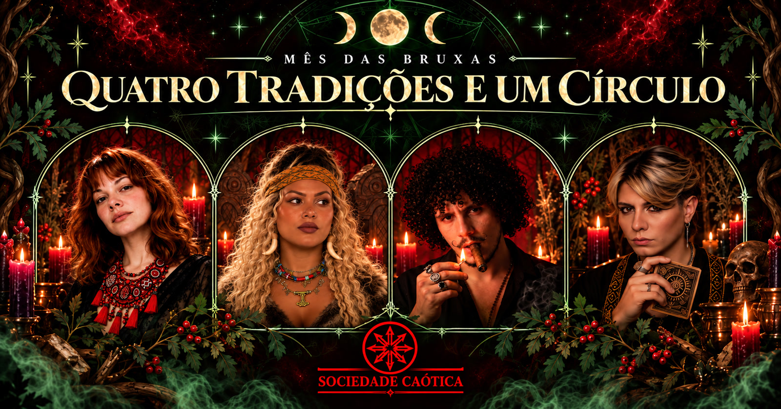 Gladys Wosiack, Haelga Nasryn, Edu Parmeggiani e Cedrec Nightingale em arcos góticos, com o título Quatro Tradições e Um Círculo